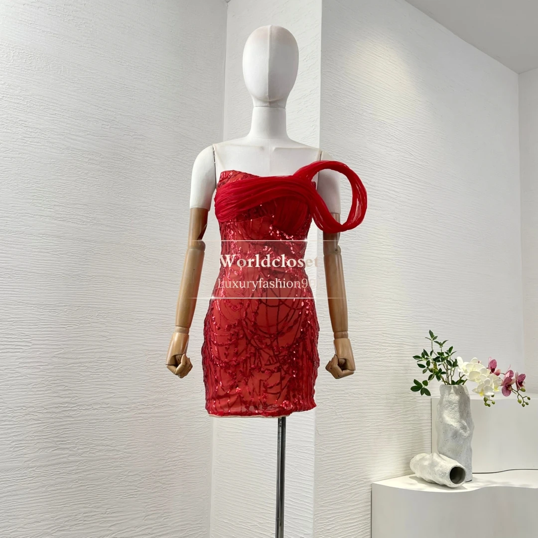 

2025 New Beautiful Red Sleeveless Lace Backless Sequins Mini Dress