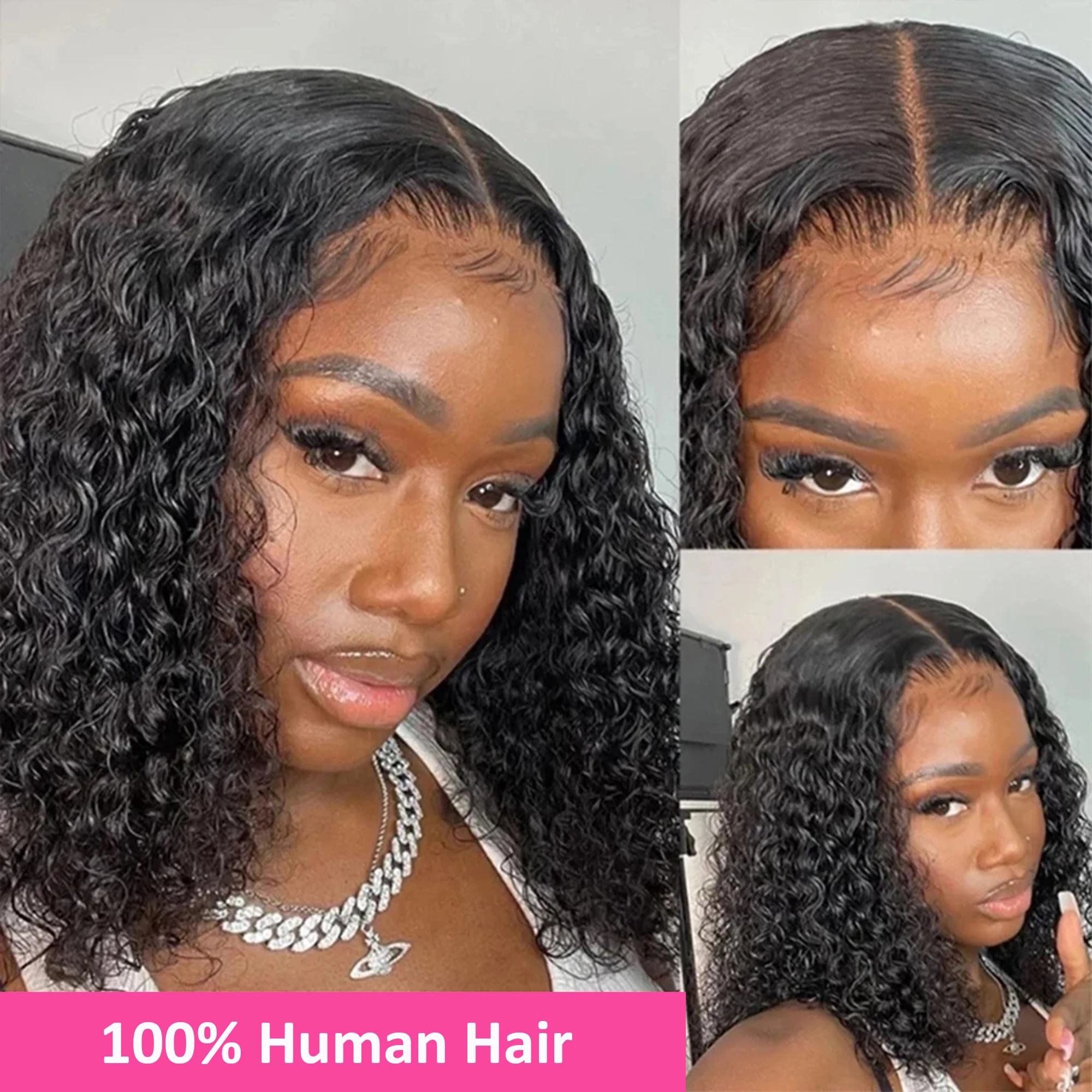 100% 인모 딥 컬리 밥 헤어 가발 내추럴 블랙 컬러 워터 웨이브 HD 레이스 프론트 베트남산 13x4 투명 레이스 가발 프리플럭
