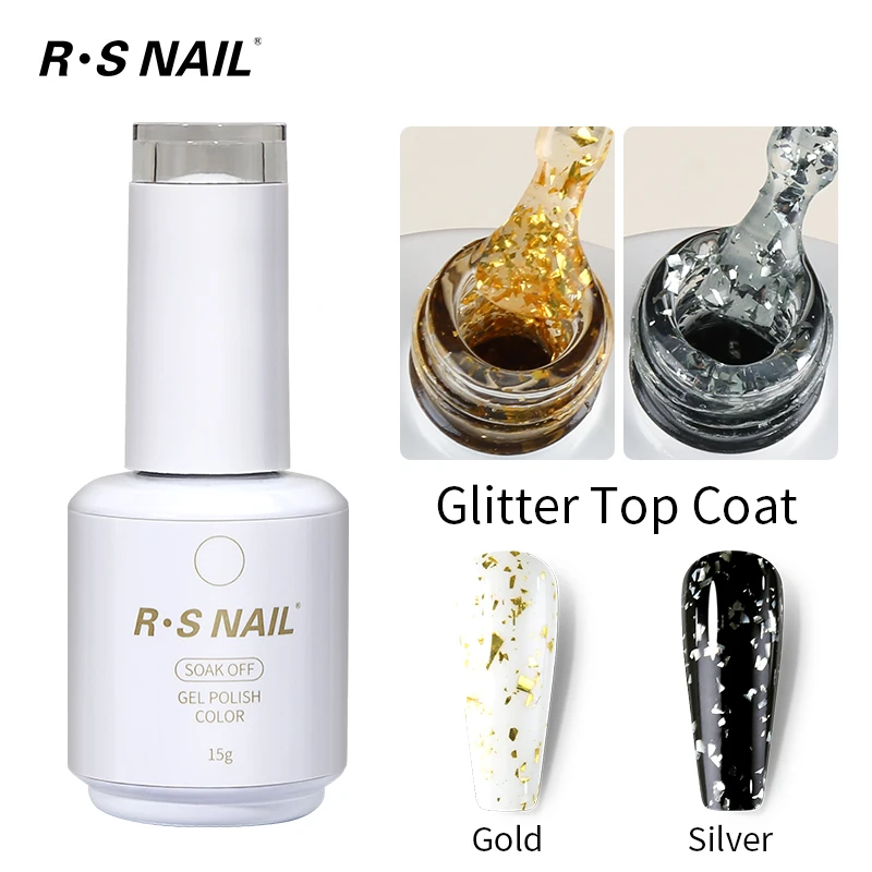 

RS Nail Glitter Top coat No Wipe 15ml Gold Silver Glitter Shine Nail Gel Polish Function Gel Semi Permanent Soak Off Gel Varnish