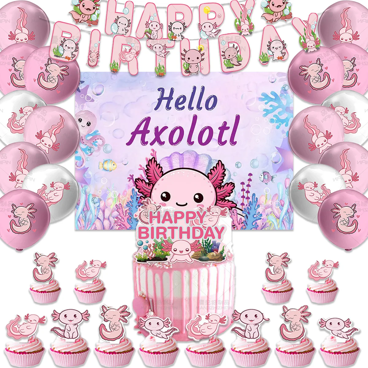 Cute Pink Axolotl Theme Birthday Party Supplies Decor Underwater Animal Balloon Banner Backdrop Cake Topper Kid Baby Shower Gift