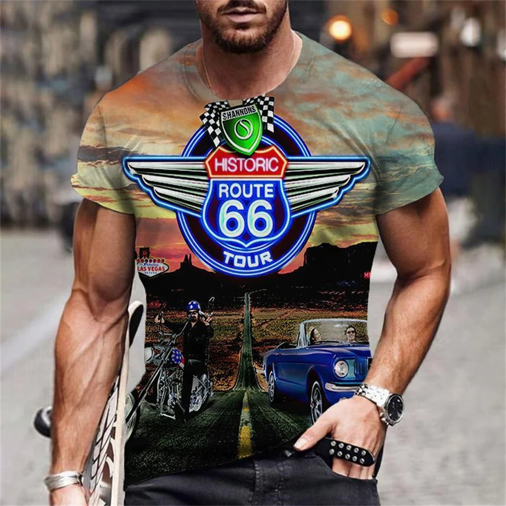 New Fashion 66 Route T Shirt for Men 3D Printed Travel Men\'s 66 Route T Shirts Ride Short Sleeve Oversized Tops Tee Man Clothing