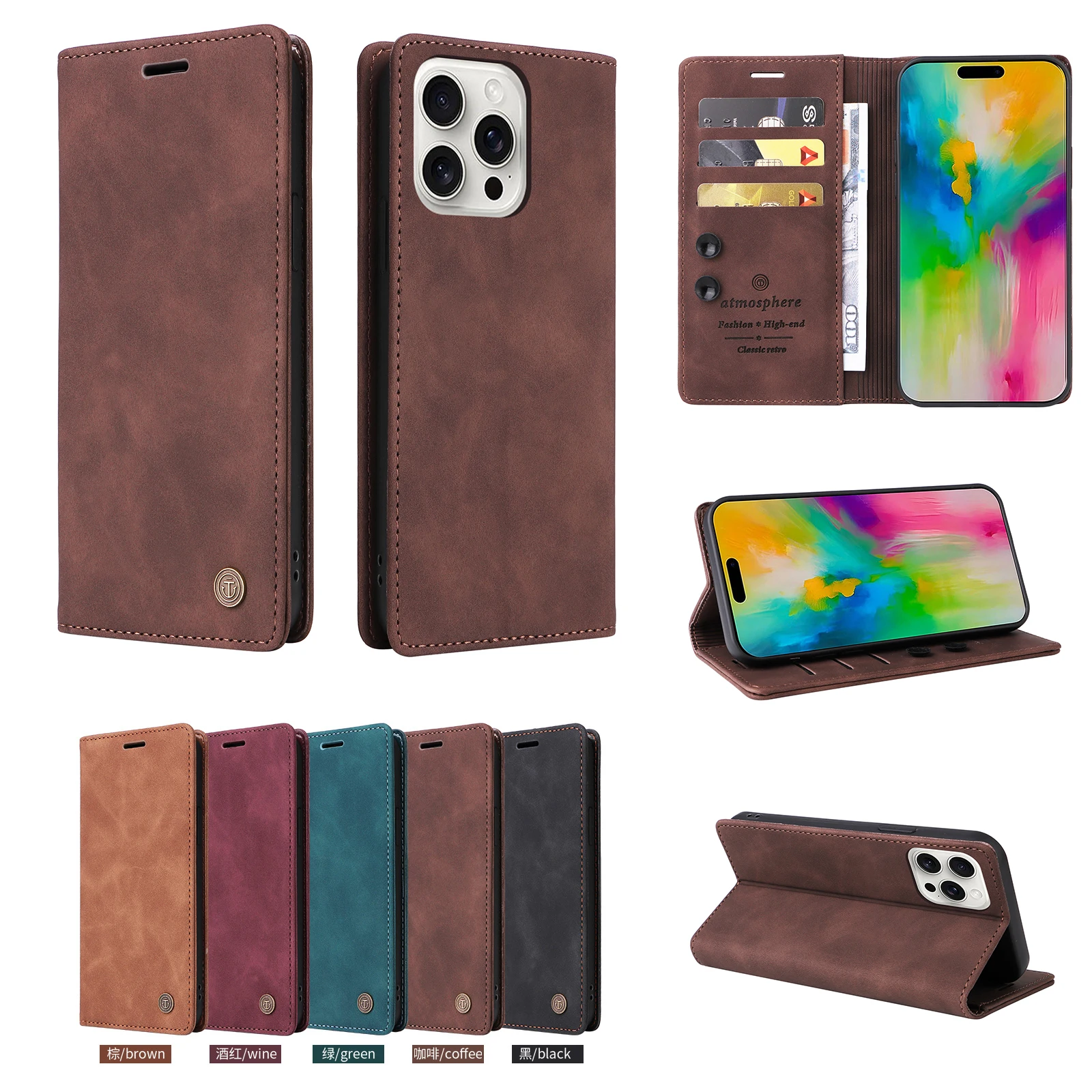 

Кожаный флип-чехол для телефона с присоской для iPhone 17, 16, 15, 14, 13, 12, 11 Pro Max 8, 7 6 Plus, 16E Xs Max XR SE 2020 2022, роскошный чехол-бумажник