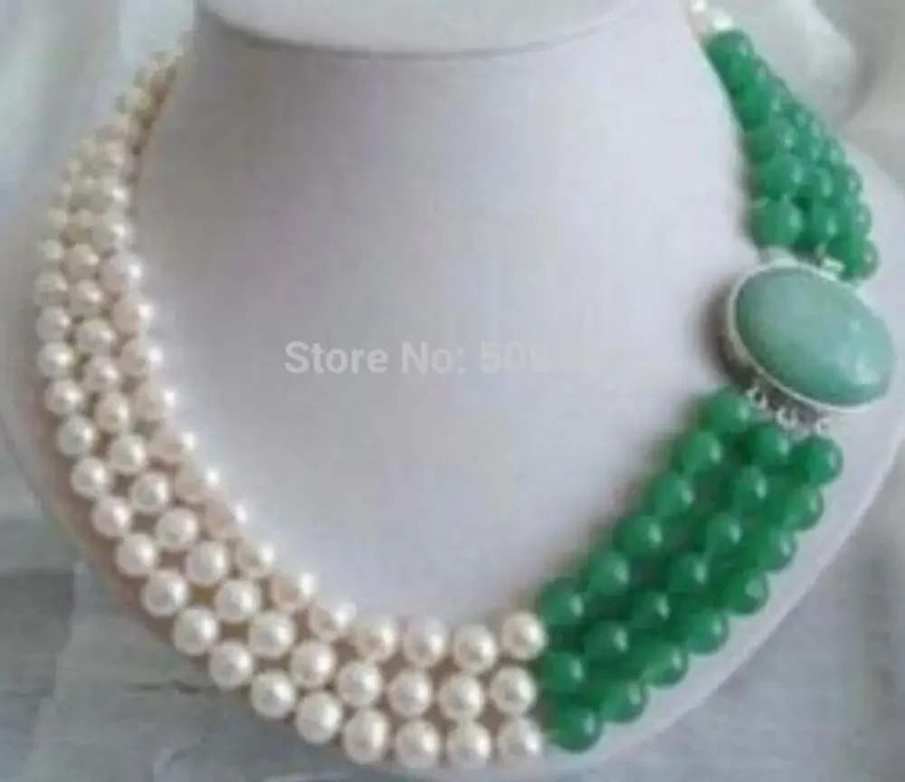 

3 ряда ювелирных изделий, 7-8 мм, настоящее белое пресноводное жемчуг и ожерелье из натурального зеленого камня