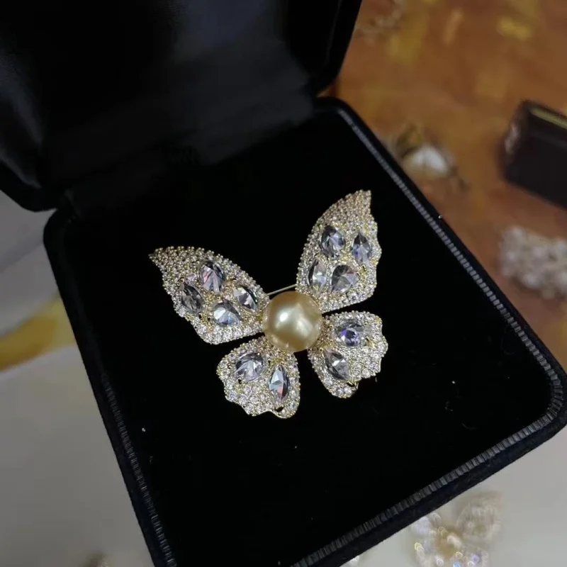 SGARIT Jewelry Natural South Sea Golden Pearl Elegant Zircon Inlaid Women's Brooch 925 Sterling Silver Butterfly Lapel Pins