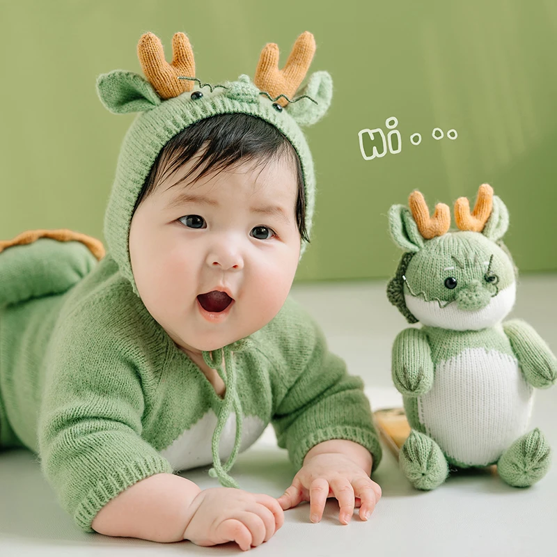 Crochet Baby Clothes Newborn Photography Outfits Cute Knitted Green Dragon Outfits Crochet Jumpsuit Hat Doll Studios Photo Props