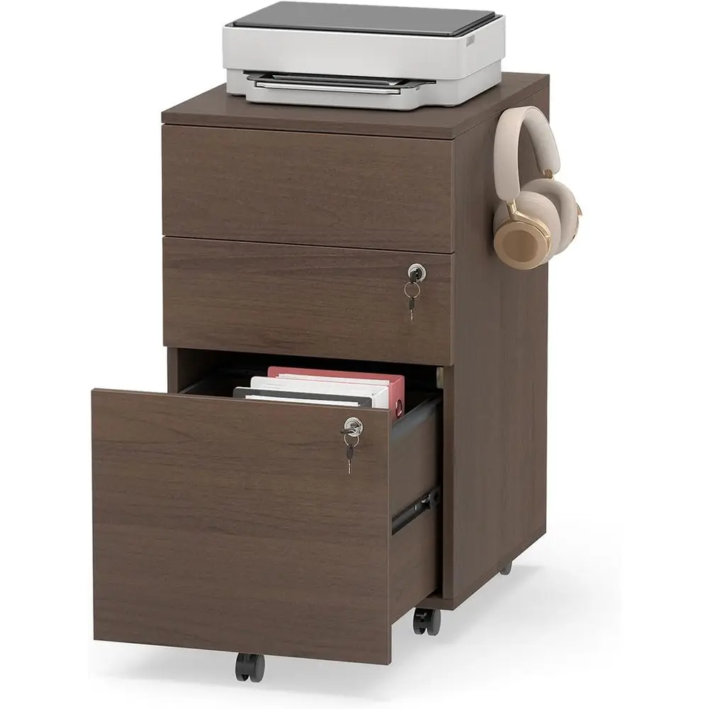 Wooden 3-Drawer Rolling Filing Cabinet with Lock, Suitable for Desk, Office, or Home Study in Brown
