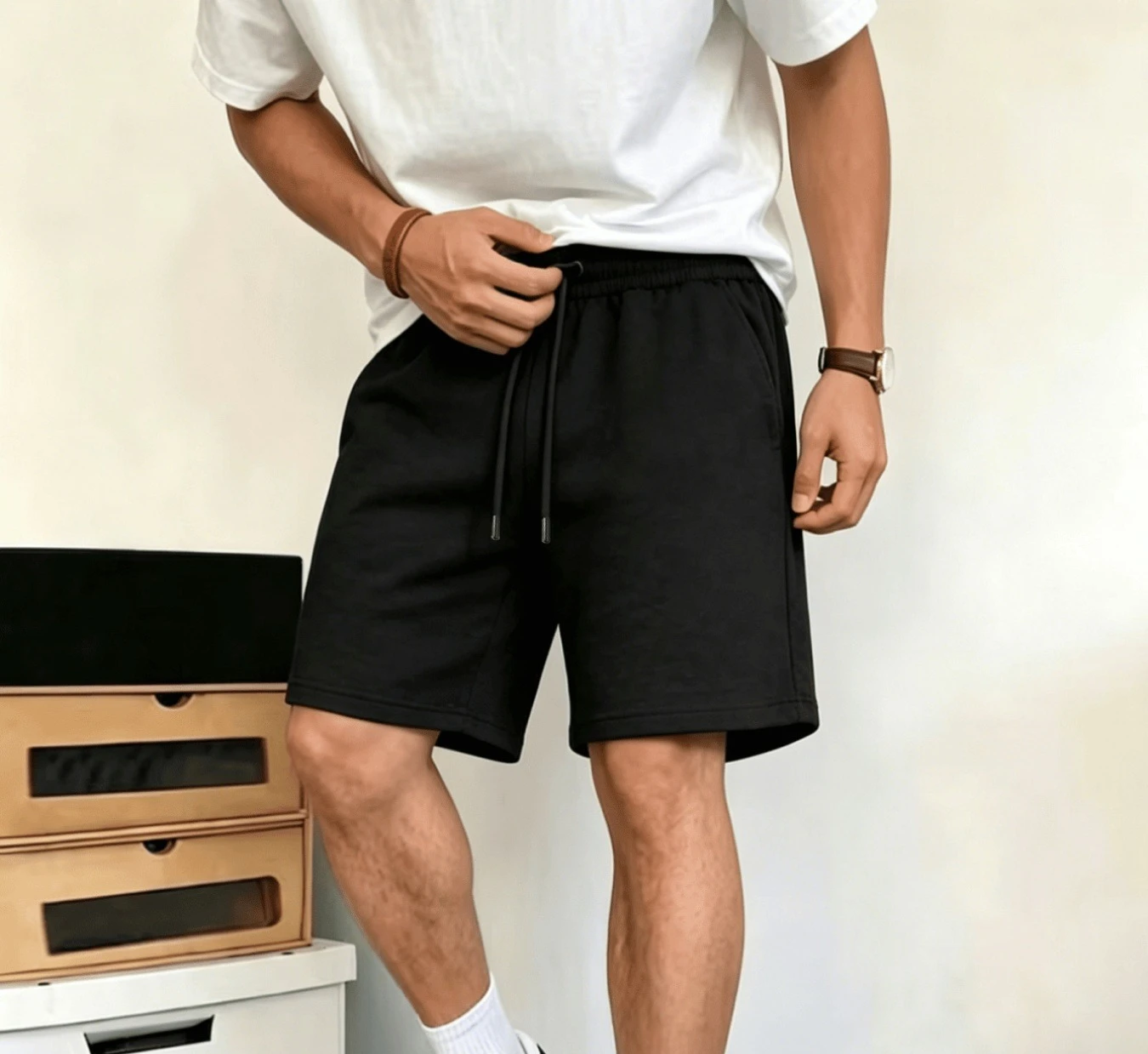 Shorts masculinos esportivos de algodão para todas as estações, com cintura elástica, tecido de malha premium e confortável.