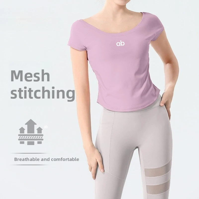 Women Summer 2Pcs Yoga Set Slim Short Sleeve Top Mesh Pants Quick Dry Breathable Running Fitness Suit