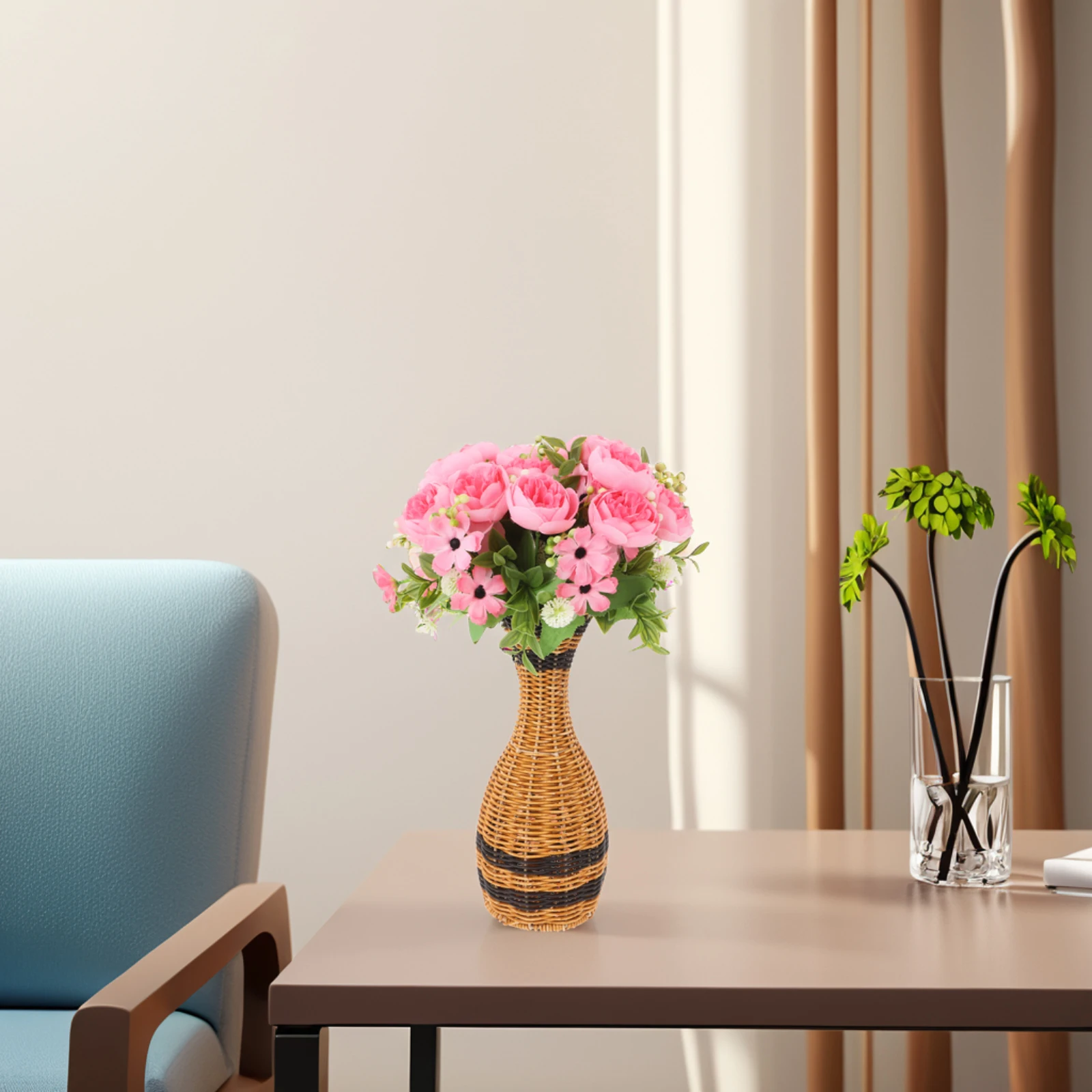 

Plastic Woven Rustic Flower Vase Imitation Rattan Decorative Holder for Home Table Indoor Use Dried and Artificial Flowers