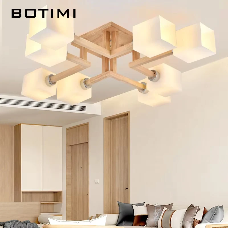 BOTIMI Natural Wood Ceiling Lights For Living Room Cube Glass Lampshades Ceiling Mounted Bedroom