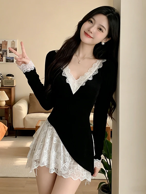 

Spring 2026 Bla Lace Splice V-ne Long Sve Dr Women's Waist-cinching Slimming ort A-line Skirt Casual Sle Dr
