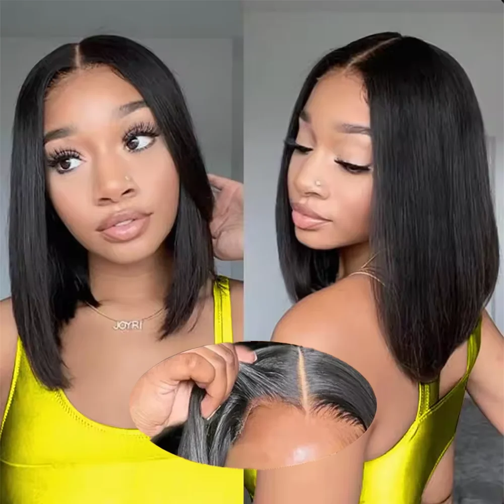 Perruque Bob Courte 200% en Cheveux Humains Raides, Lace Frontale Transparente 13x4 Pré-Pluckée pour Femmes Noires