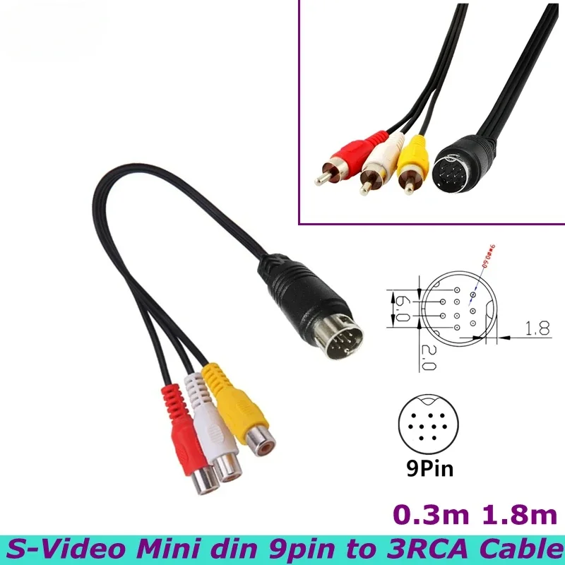 Kabel przejściowy Mini DIN 9pin S-Video na 3 RCA męski żeński do telewizora RGB HDTV Audio Video AV Kabel 1,8 m