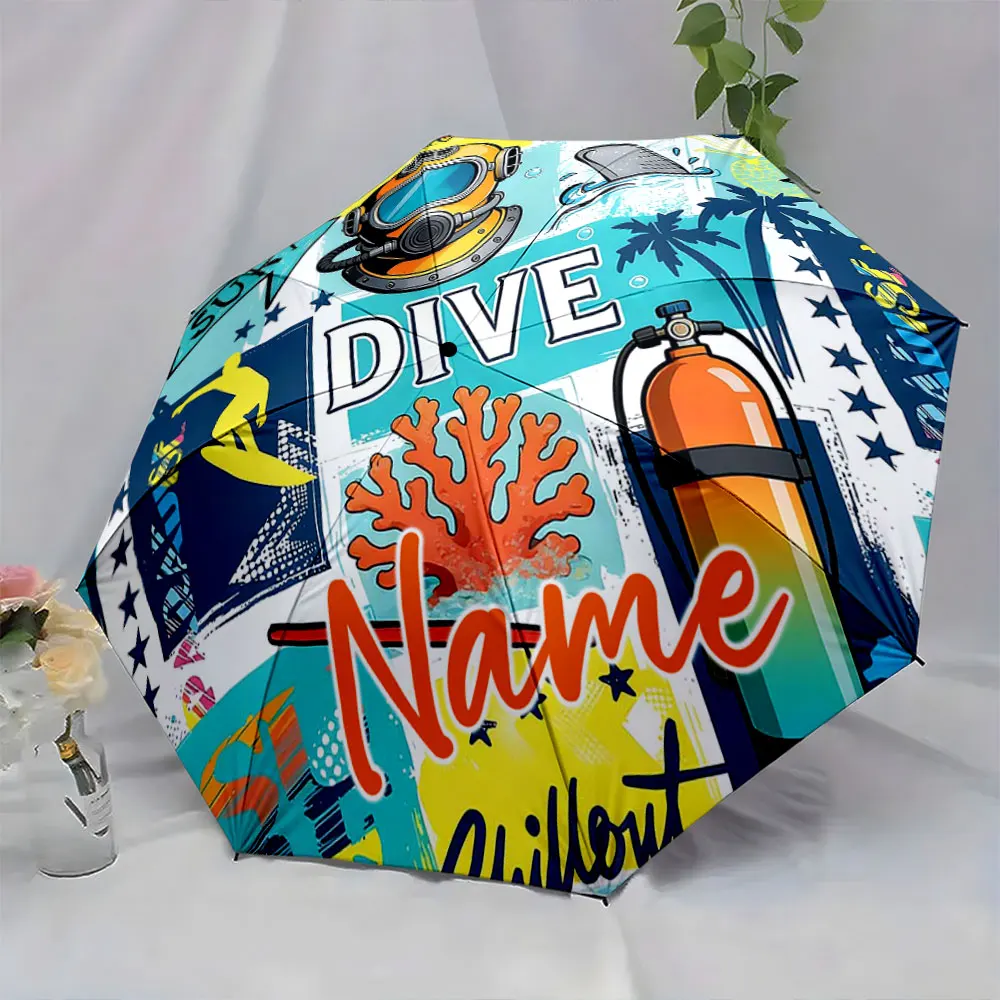 Custom Name Umbrella Diving Adventure-Themed Umbrella Design Print 8 Iron Ribs Folding Umbrella Auto-Open Fashion Sunshade