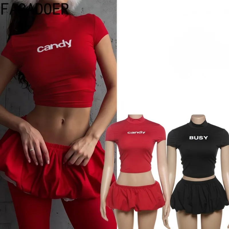 

FAGADOER Y2k Sexy Letter Printing 2 Piece Sets Woman Outfit Short Sleeve Crop Tops + Bubble Puff Skirt Matching Streetwear New