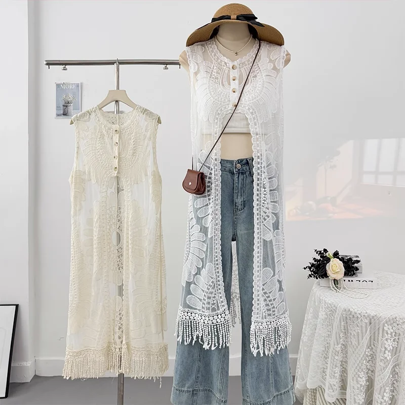 Robes d'été femmes col rond crochet fleur conception fendu gland mi-longue Robe sans manches chevauchement Robe décontractée