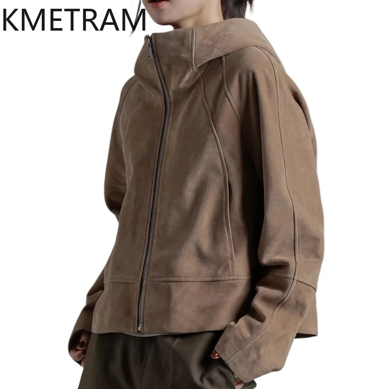KMETRAM Cappotti in pelle scamosciata inversa in pelle di pecora naturale al 100% con giacca corta casual in vera pelle da donna con cappuccio 2025 Autunno пьто