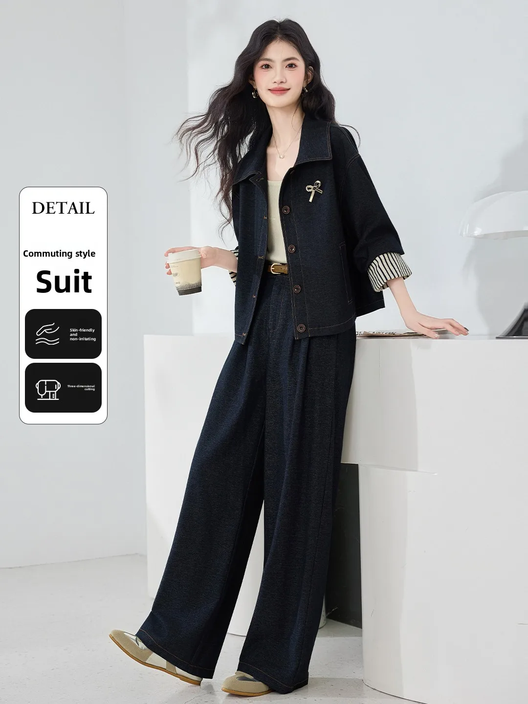 

Весенняя новинка: повседневный комплект из широких брюк и рубашки, женский винтажный джинсовый костюм из двух предметов, для работы, с высокой талией, в стиле бабочка.