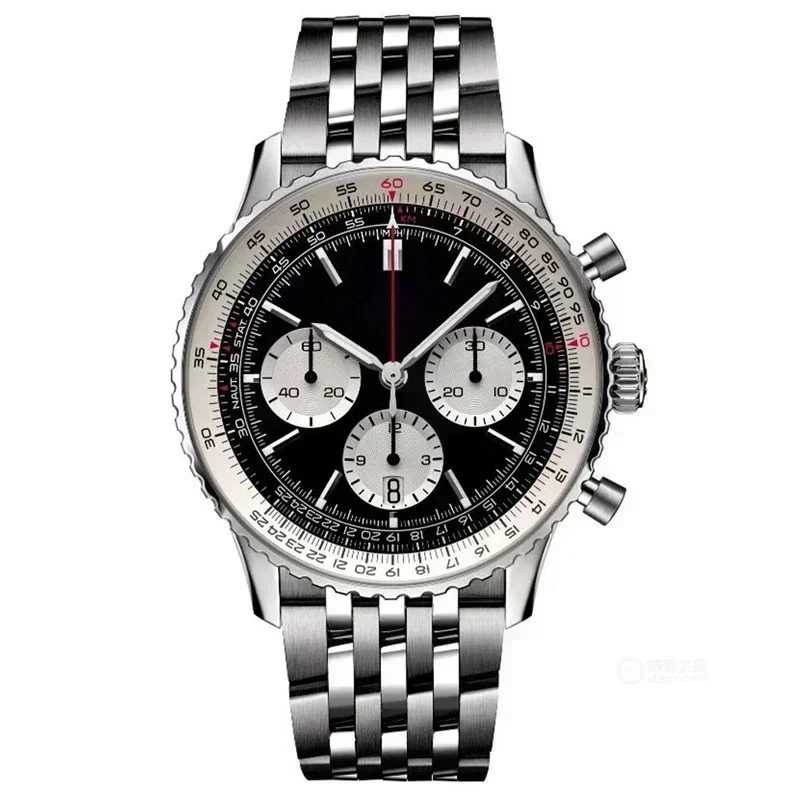 أزياء Higu جودة 46mm أسود أزرق جلدية ووتش الرجال كوارتز كرونوغراف ساعات الطيران B01 تاريخ الفولاذ المقاوم للصدأ