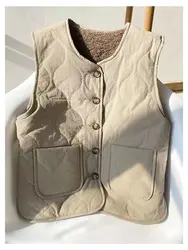 Autumn Winter Lamb's Wool Vest Women Sleeveless Cardigan Quilted Jacket Short Tops Warm Button Pocket Waistcoat Design Vests New