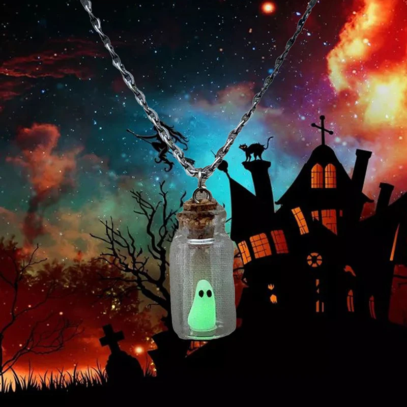Фонарик, необычное, светящееся в темноте ожерелье на Хэллоуин, крошечный призрак в бутылке, ожерелье с подвеской
