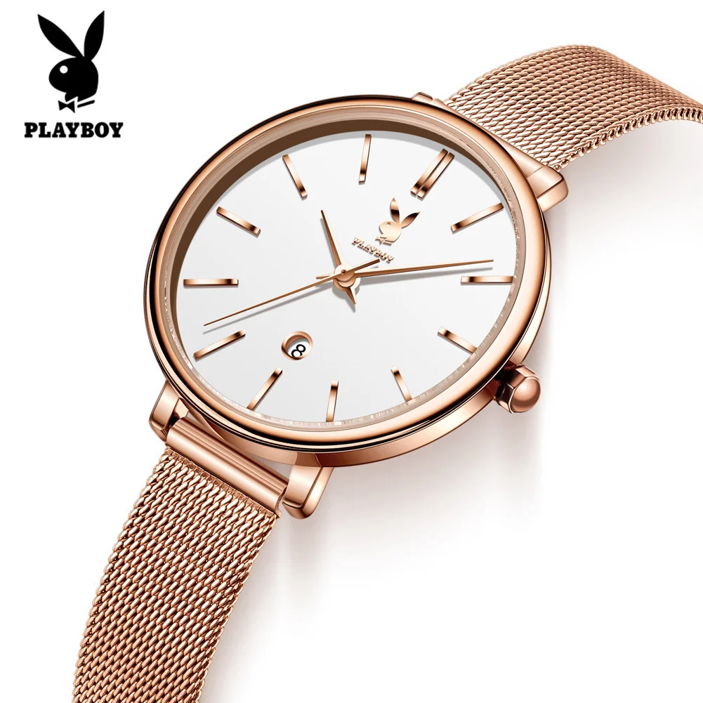 PLAYBOY 3093 Top Brand Women's Watch Stainless steel Mesh Strap Waterproof Simple Design Quartz Watch for Women