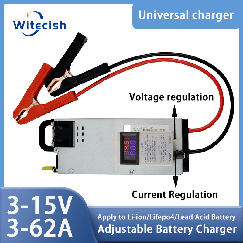  Lifepo4 Charger 12V 62A 60A Lithium Battery Charger 110V-240V Input 3-15V Adjustable Quick Fast Adapter for Lifepo4 Battery 