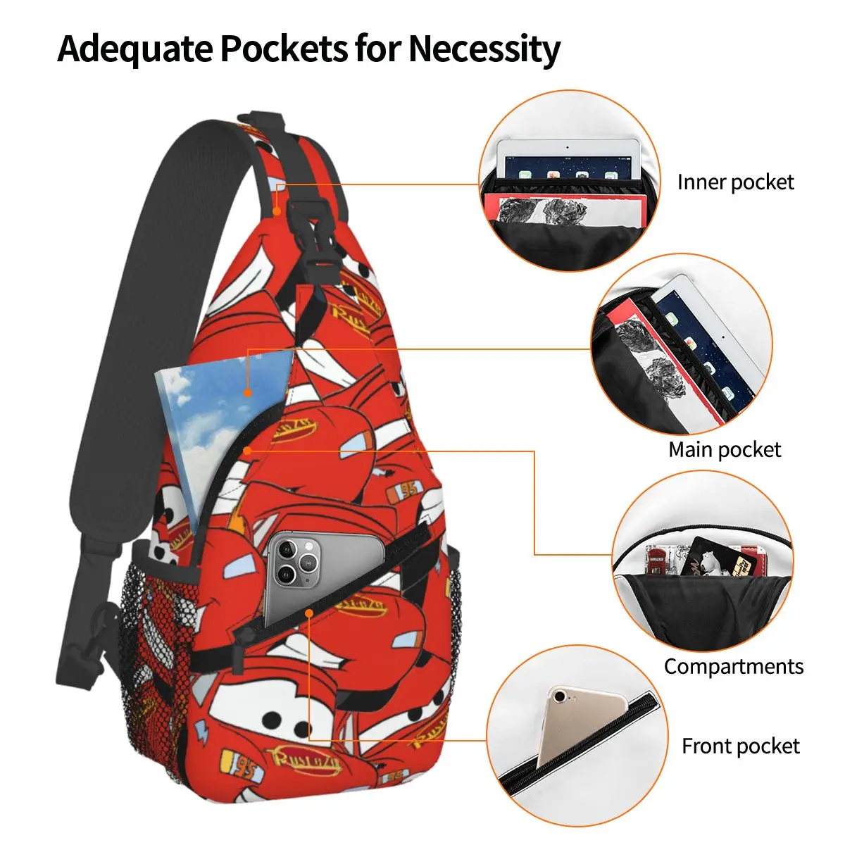 Custom Lightning McQueen Collage Cartoon Shoulder Crossbody Chest Backpack Shoulder Chest Bags Sling Bag Shoulder Backpack