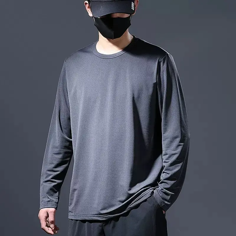 Quick Drying Ice Silk Long Sleeved T-shirt Men\'s Loose Round Neck T-shirt Summer Thin Sportswear Handsome All-match Male Top