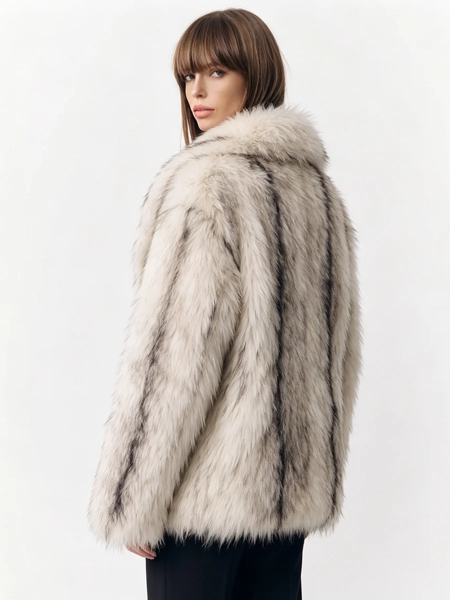 PUAL  Women Short Faux Fur Coat, Big Lapel Collar Drawstring Waist Warm Loose Winter Fluffy Outerwear