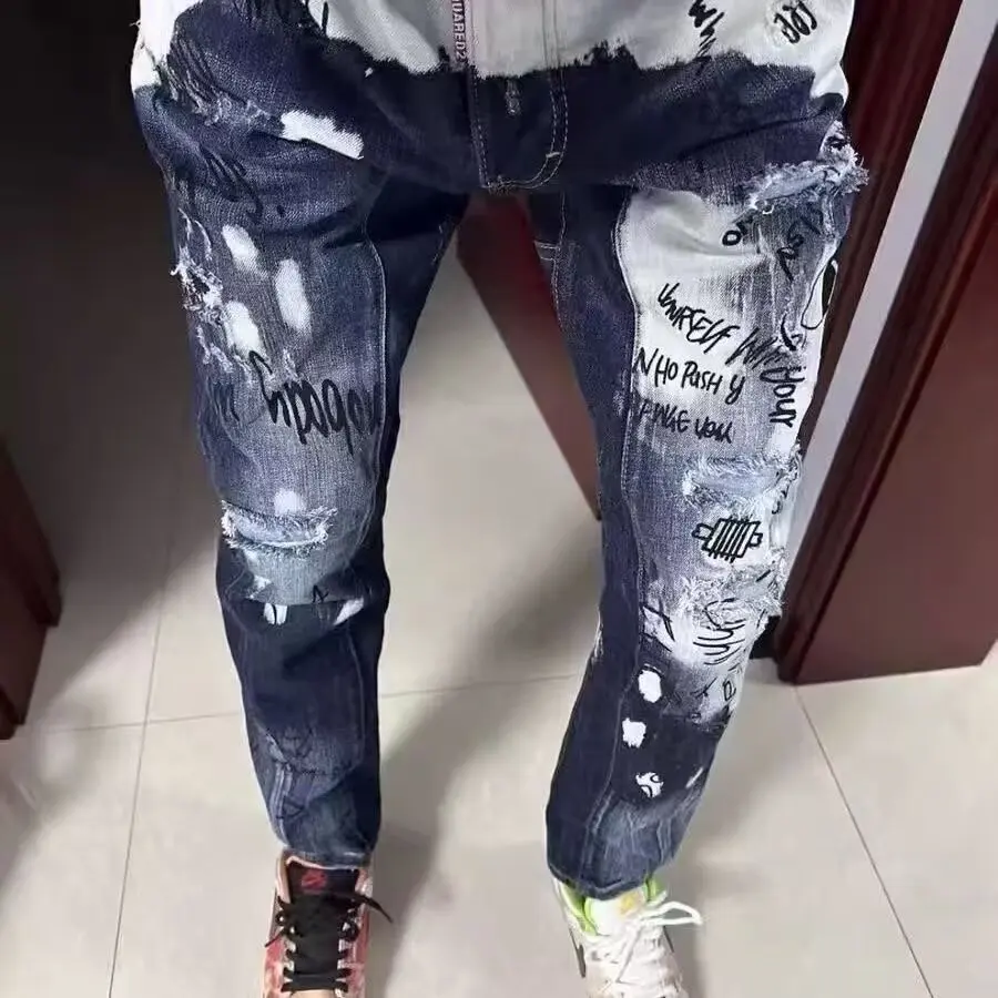 Autumn New Fashion Trend Printed Ripped Jeans Men's Casual Slim Comfortable Breathable High-Quality Denim Pants