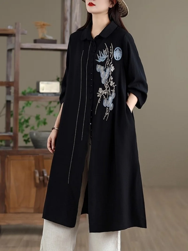 2025 가을 라미 자수 셔츠 탑 여성 롱 가디건 루즈핏 다용도 드레스 여성 로브 w527 ﻿