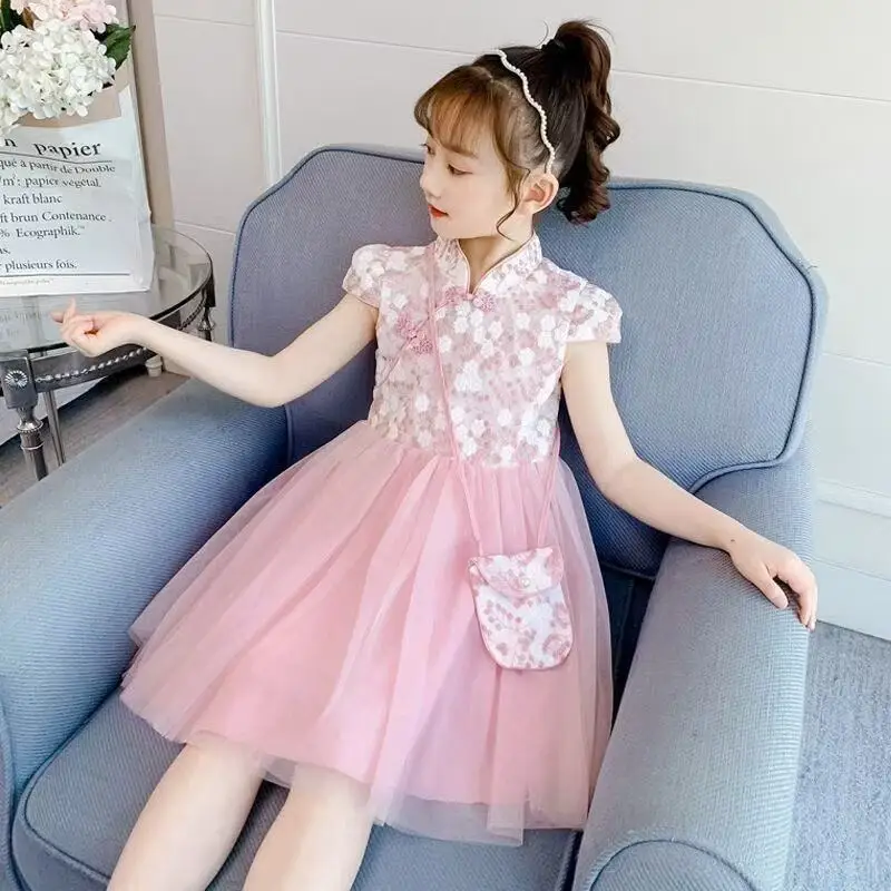 

Hanfu Girls Princess Dress Summer Clothing For Girl New Cheongsam Dress Children's Long-sleeved Chinese Style Dress 100-160CM