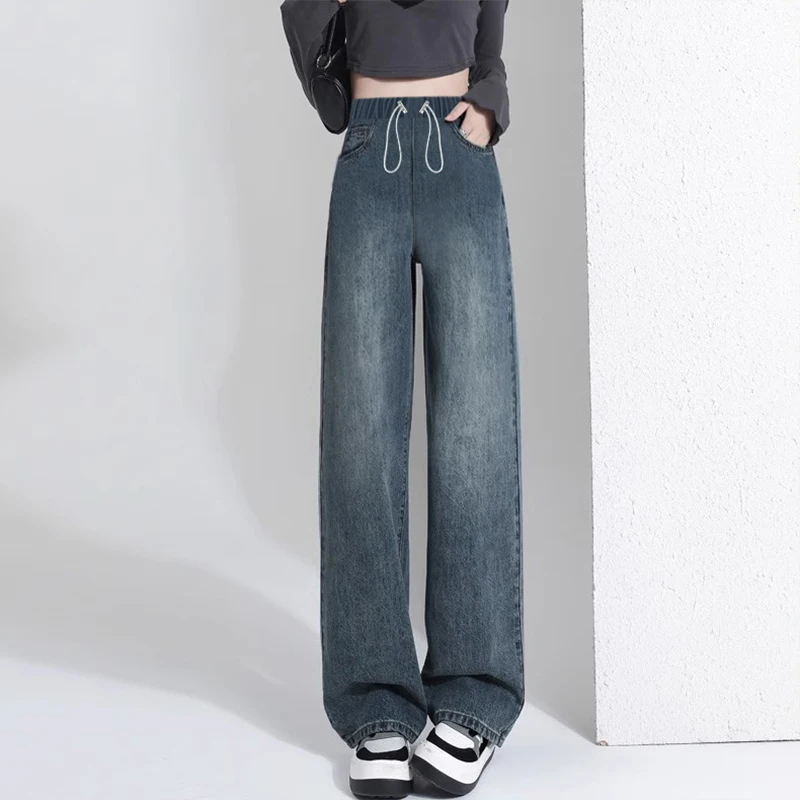 Pregnant Women's Denim Long Pants for Spring Autumn Front Drawstring with Pockets Outdoor Wide-leg Loose Fit Maternity Jeans