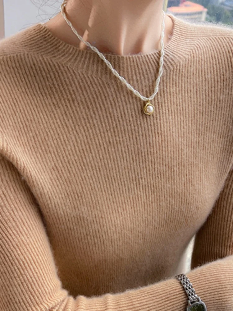 

Однотонный базовый свитер из 100% кашемира, осенне-зимний пуловер с круглым вырезом, мягкий теплый женский трикотаж в стиле ретро, облегающая одежда