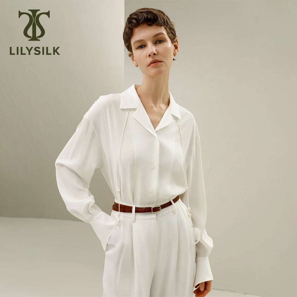 LILYSILK Silk Blouse for Women 2024 Spring Edition Removable Tie-Detailed Top Pearl Button Luxury Outfits Free Shipping