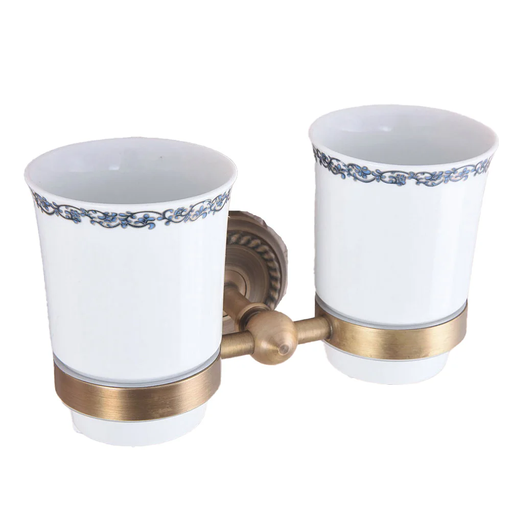 Bathroom Accessory Wall Mounted Antique Brass Toothbrush Holder with Two Ceramic Cups Nba222