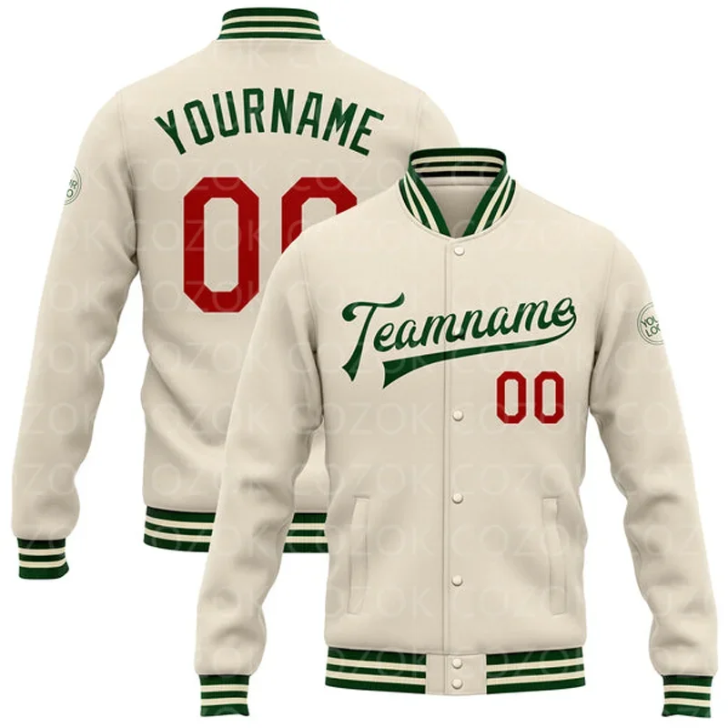 Custom Cream Green Color 3D Printed Baseball Button Jacket Bomber Full-Snap Varsity Letterman Jacket