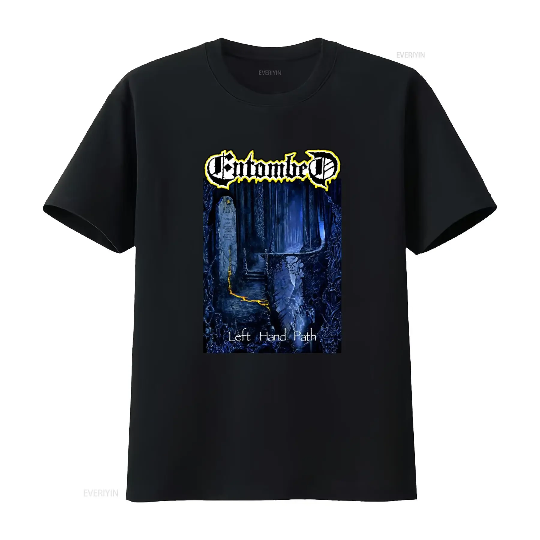 ENTOMBED Left Hand Path Gothic Forest Tombstone Design T Shirt for Men and Women vintage Washed graphic Stylish Slightly Casual