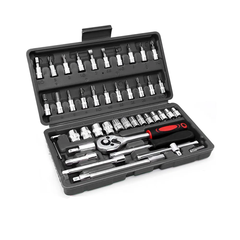46pcs 1/4 Inch Drive Socket Set Ratchet Wrench Set Car Tool Kit, Bit Socket Wrench Set Metric Mechanic Tool Set