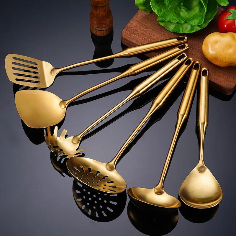 Golden Stainless Steel Long Handle Soup Rice Spoon Colander Spatula Thicken Durable Kitchen Cooking Utensils