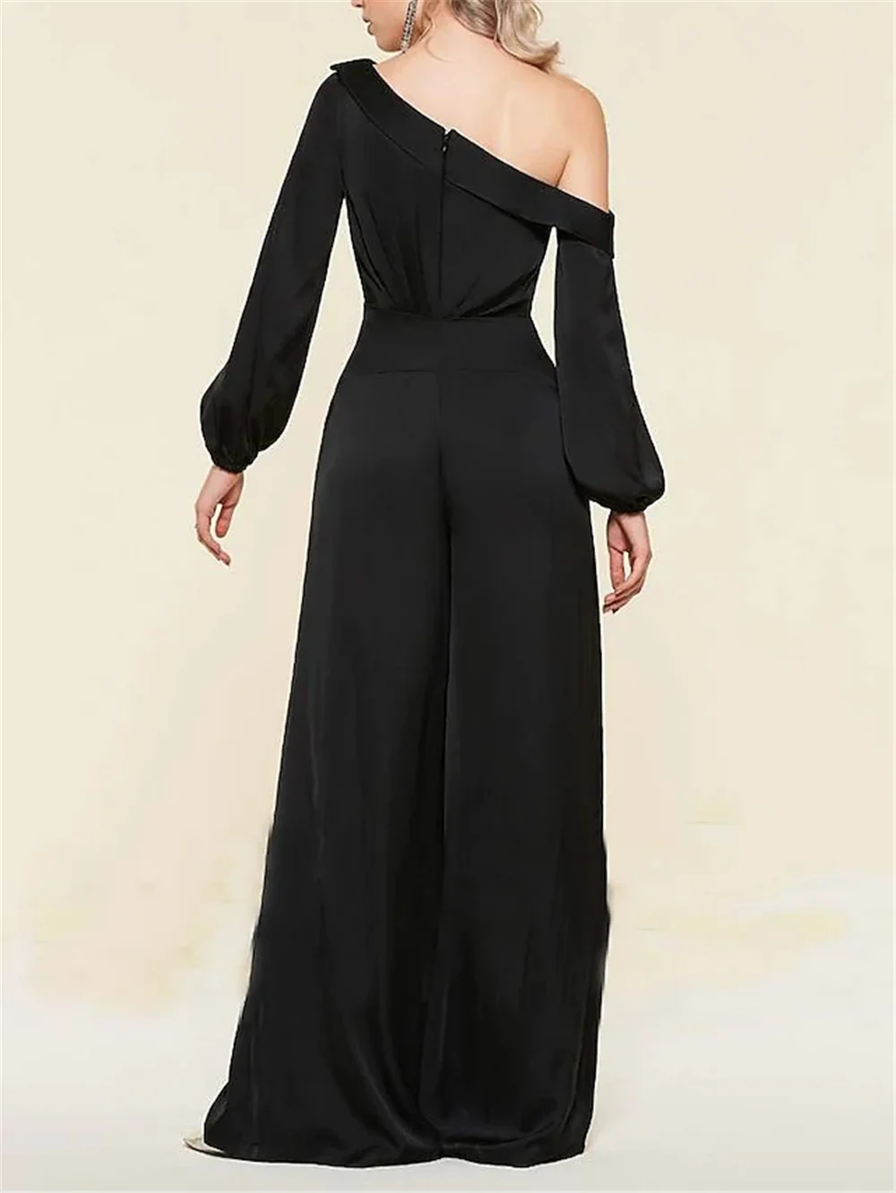 Jumpsuits Mother of the Bride Dress Wedding Guest Floor Length Long Sleeve One Shoulder Satin Chiffon with Sleek Pure Color