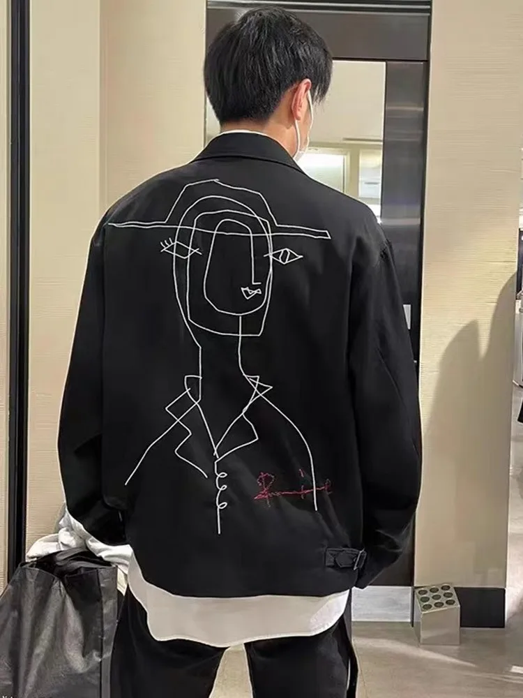 Youth Mens Japanese Style Embroidery Pattern Jackets Zipper Turndown Collar Black Coat Spring Autumn Fashion Loose Outerwear