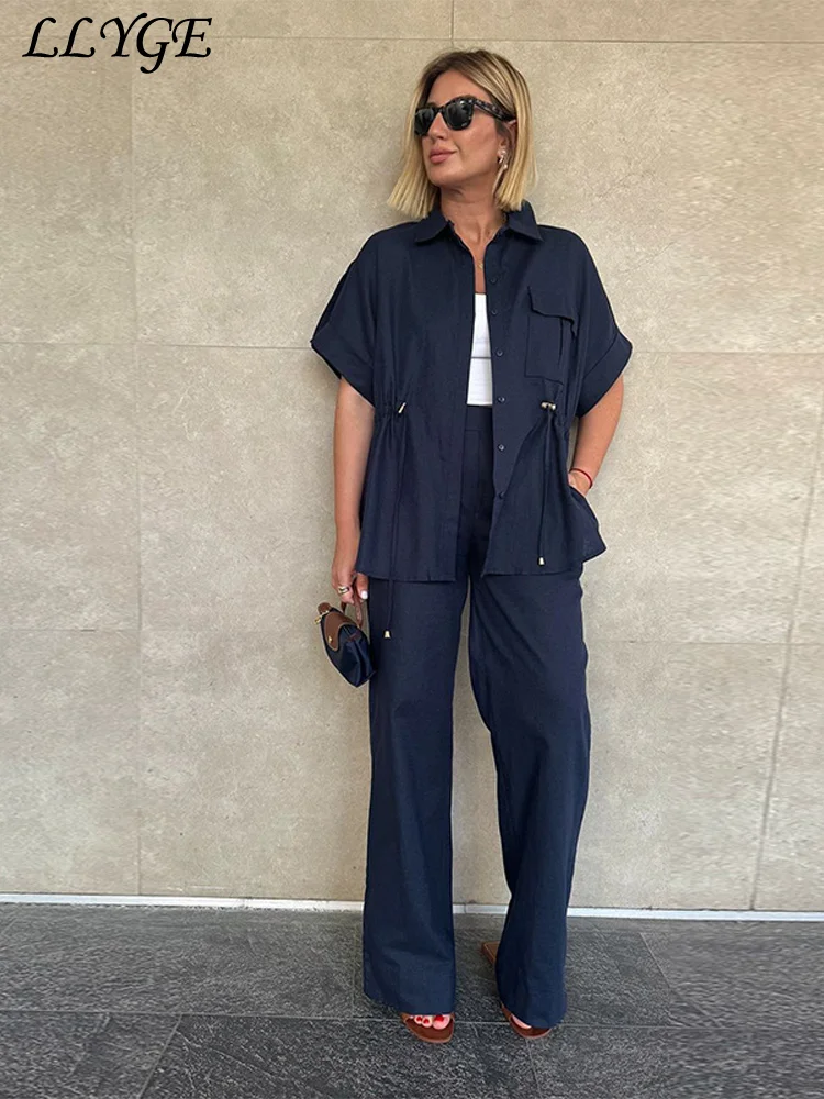 

Casual Drawstring Shirt Pants Sets Women Loose Lapel Buttons Short Sleeve Pocket Top Wide Leg Pant 2025 Summer Lady Solid Outfit