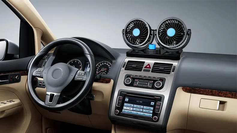 

Автомобильный вентилятор охлаждения с двумя головками, вращающийся на 360 градусов, мощный, регулируемый, компактный, тихий, портативный, для приборной панели, со съемной клейкой лентой