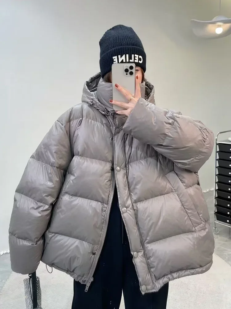 90% Duck Down Jacket Women Fall 2024 New Long Sleeve Thicken Warm Loose Puff Jackets Chic with Hood Oversized Winter Coat Women