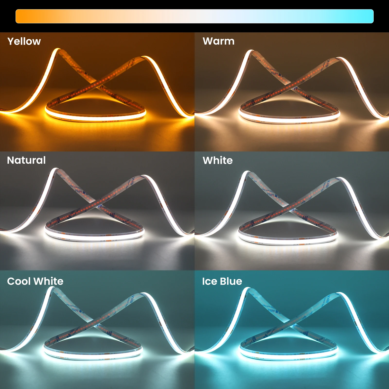 24V CCT COB LED Strip Light RA90 High Density 480LEDs/M Flexible Tape Dimmable 2700K to 6500K Golden Yellow Ice Blue Home Decor