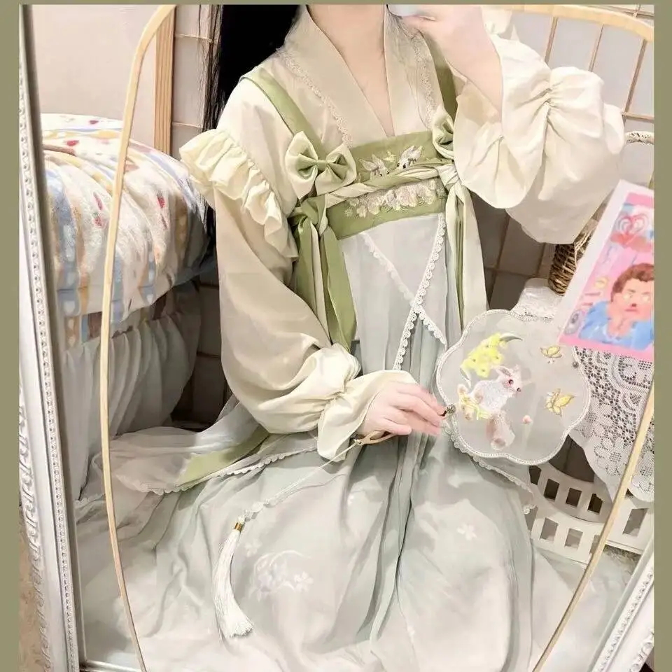 

Chinese Style Embroidery Hanfu Cute Rabbit Lotus Puff sleeves Cosplay Fairy Costume Dress For Woman Tang Dynasty Suit