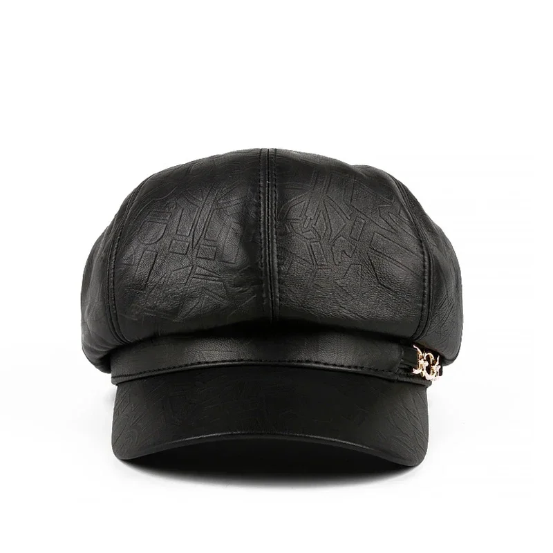 Fashion Autumn Winter Hip Hop Chain Quality Real Leather Beret Women's Pure Color Retro Octagonal Hat Versatile Painter Cap