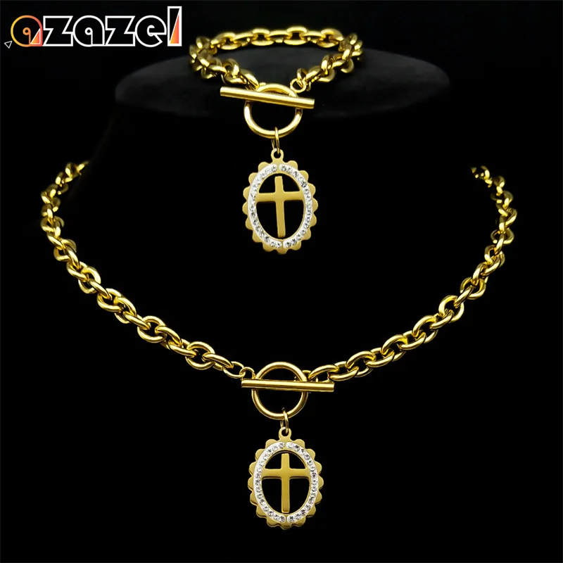 

Clear Rhinestone Oval Cross Pendant Jewelry Sets Women Men Stainless Steel Gold Color Necklace Bracelet Set Party Gift ﻿ 8328